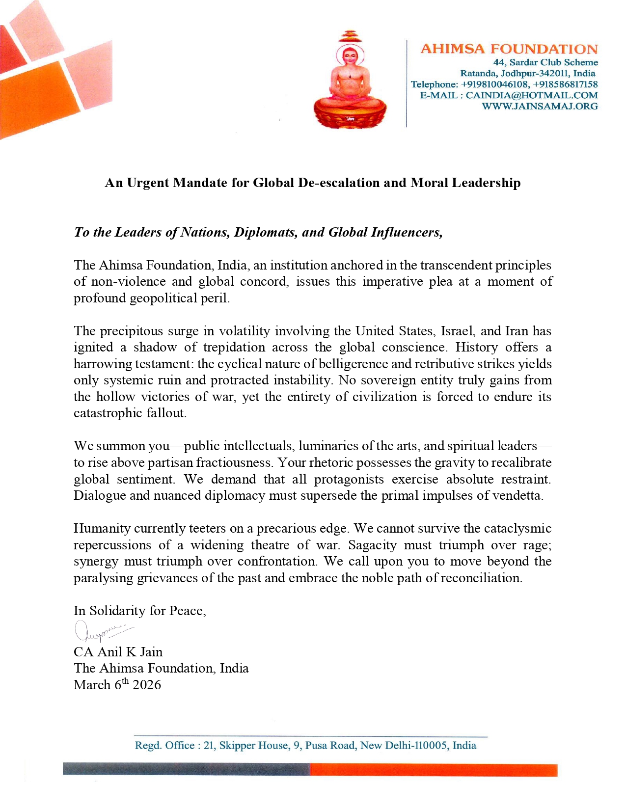 An Urgent Mandate For Globle De-escalation and Moral Leadership