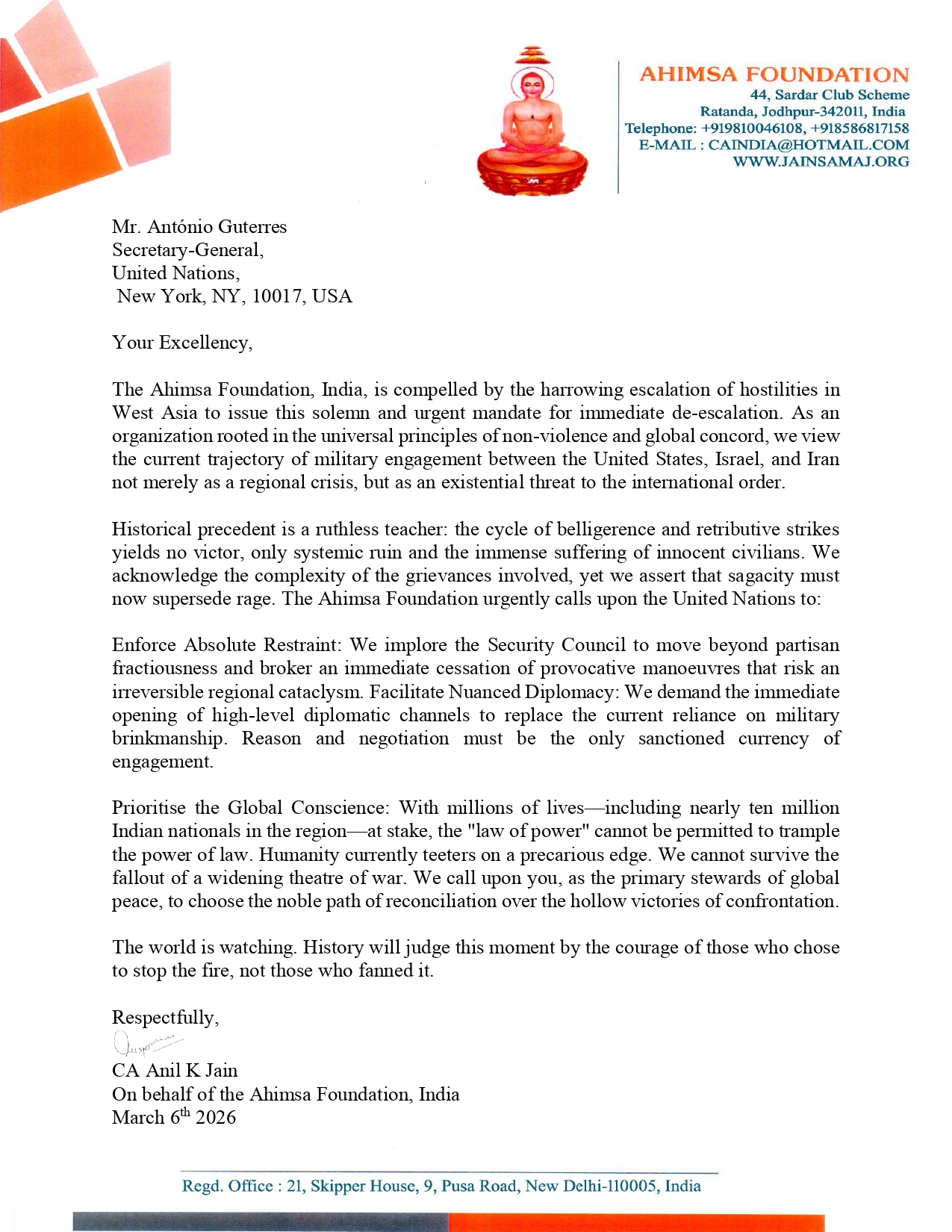 Peace Appeal to UN Secretary General Mr. Antonio Guterres