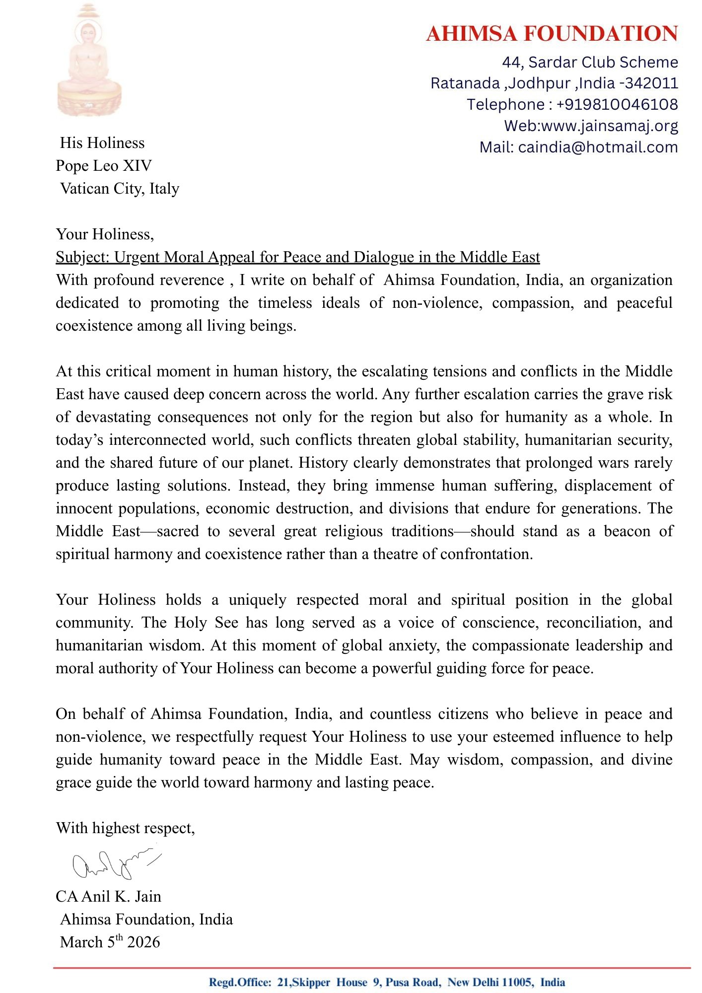 Urgent Moral Appeal for Peace and Dialogue in Middle East 