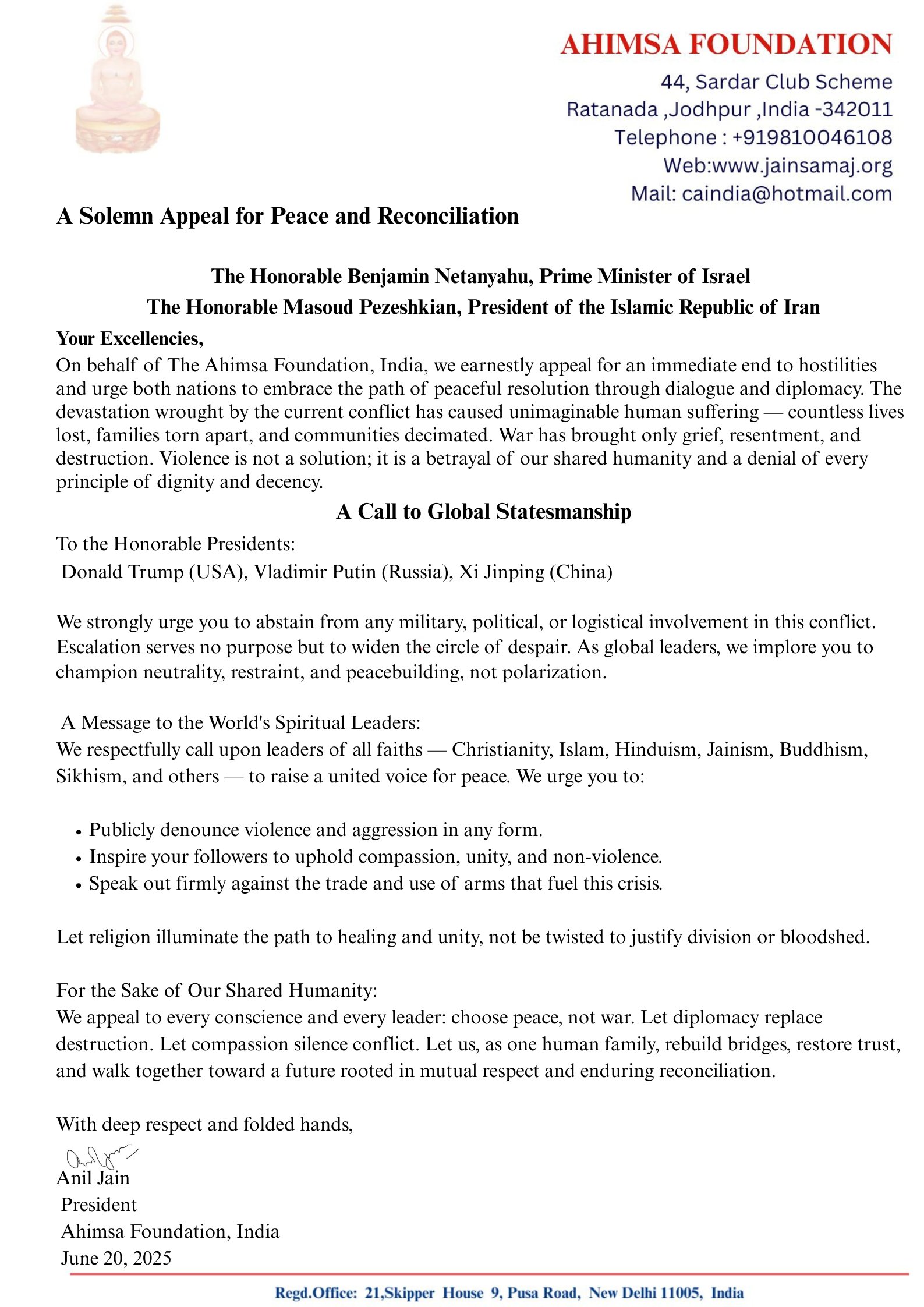 A Solemn Appeal for Peace and Reconciliation