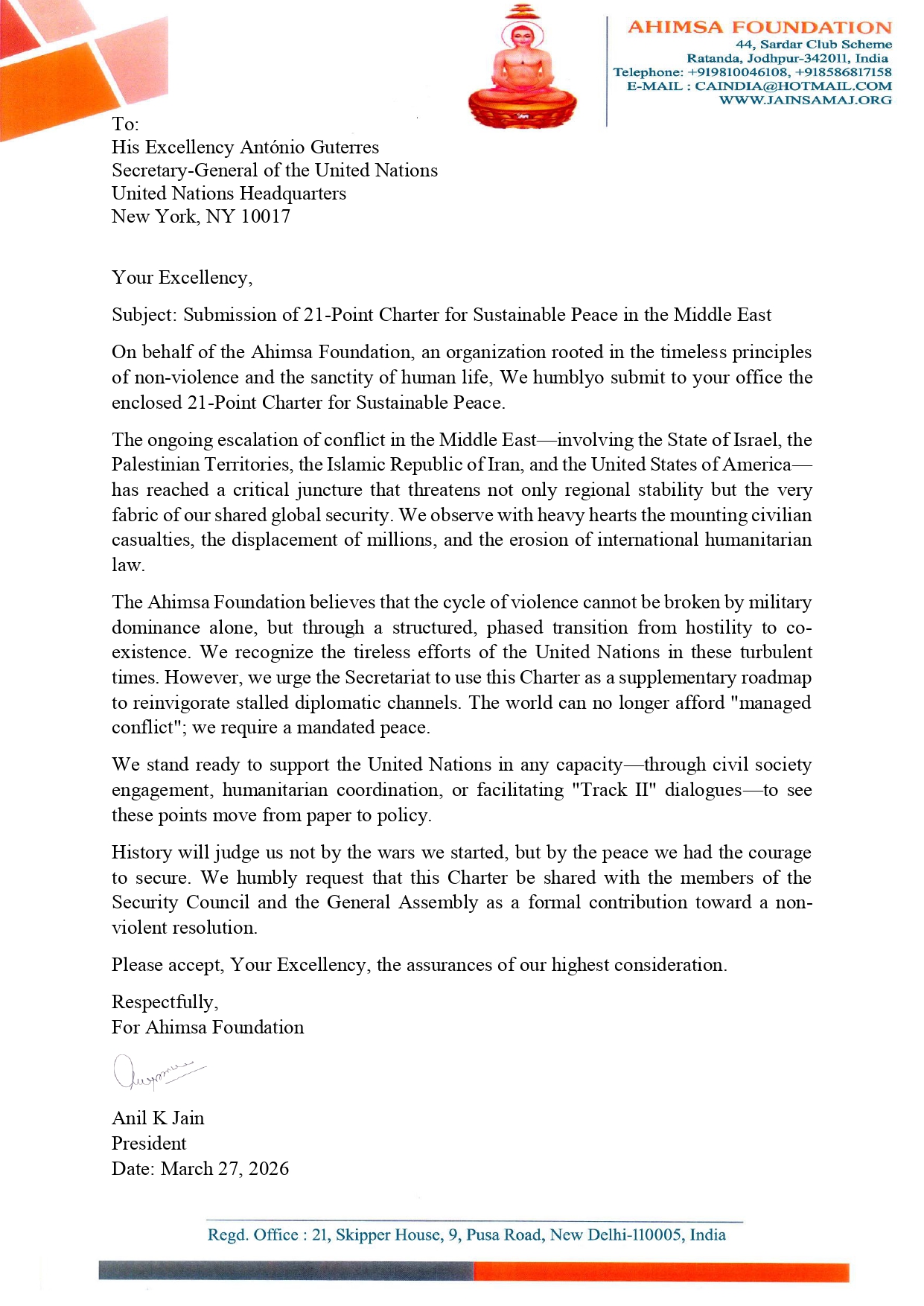Letter to UNO Secretary of Ahimsa Foundation Proposes 21-Point Charter for Sustainable Peace